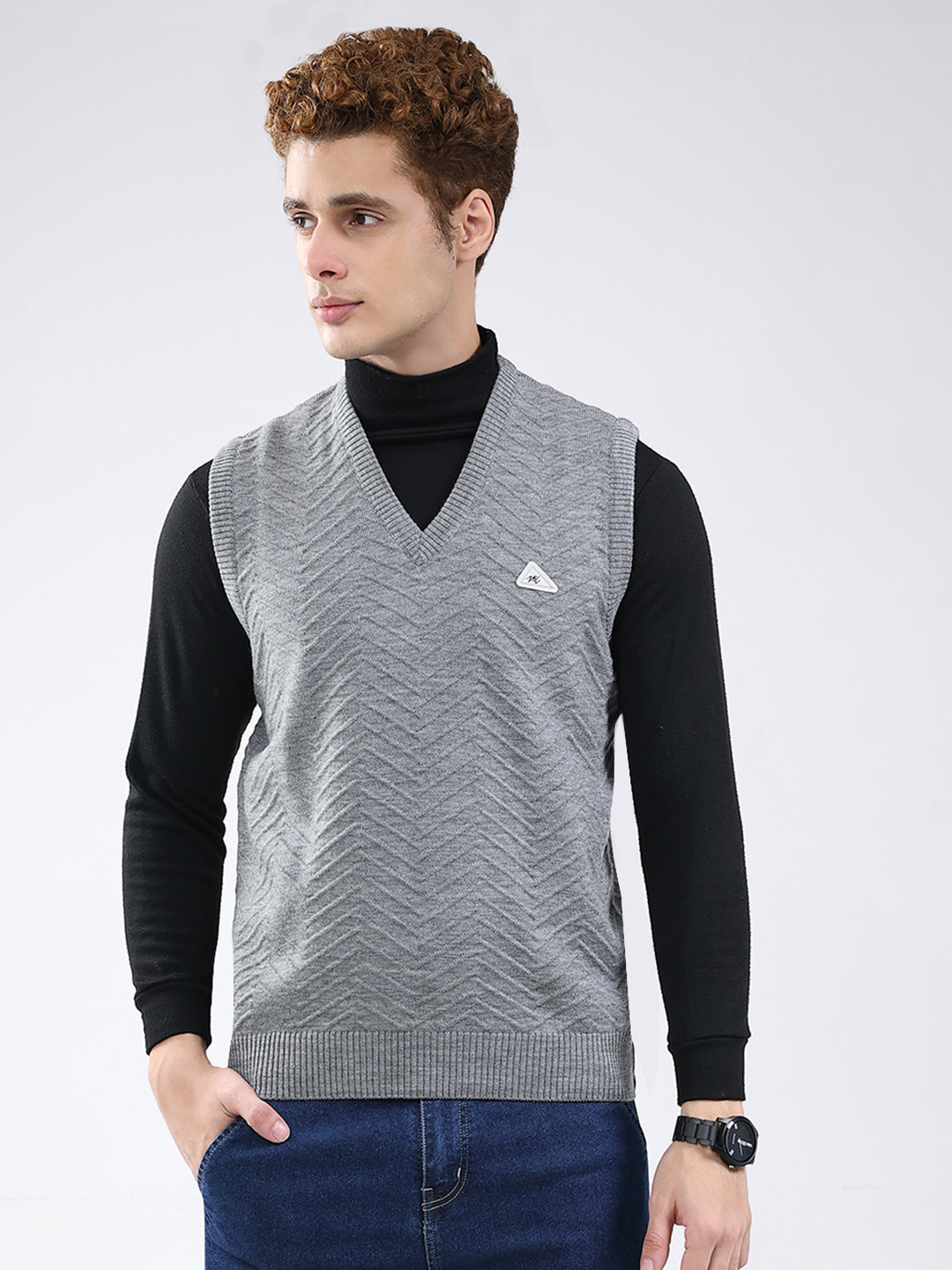Men Grey Self Design V Neck Sleeveless Sweater