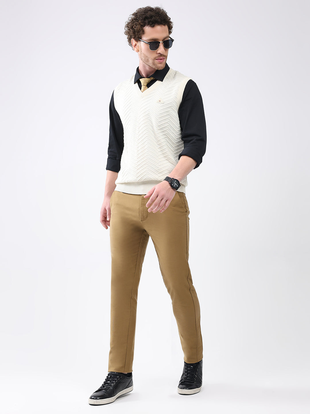 Men White Self Design V Neck Sleeveless Sweater