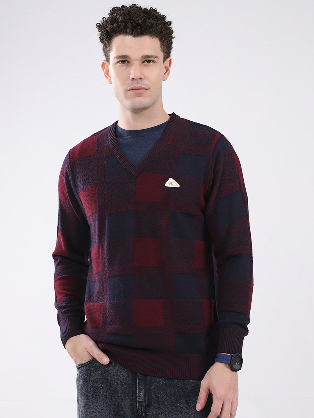 Men Maroon & Navy Blue Self Design V Neck Full Sleeve Pullover
