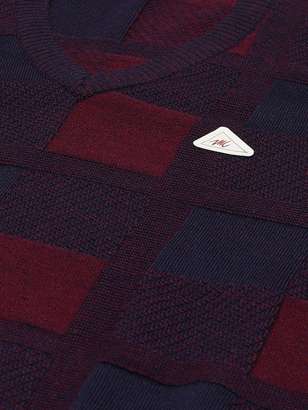 Men Maroon & Navy Blue Self Design V Neck Full Sleeve Pullover