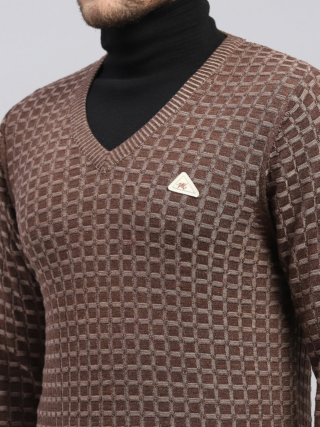 Men Brown Self Design V Neck Full Sleeve Pullover
