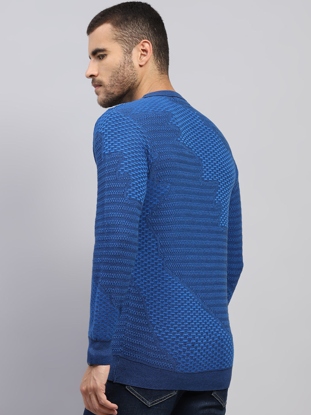 Men Blue Self Design Round Neck Full Sleeve Pullover