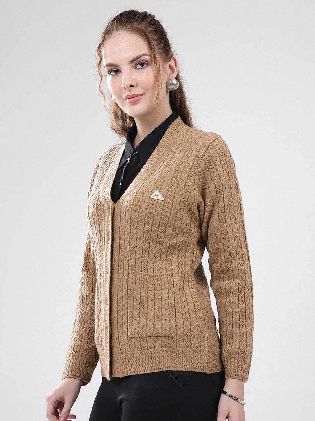 Women Brown Self Design V Neck Full Sleeve Cardigan