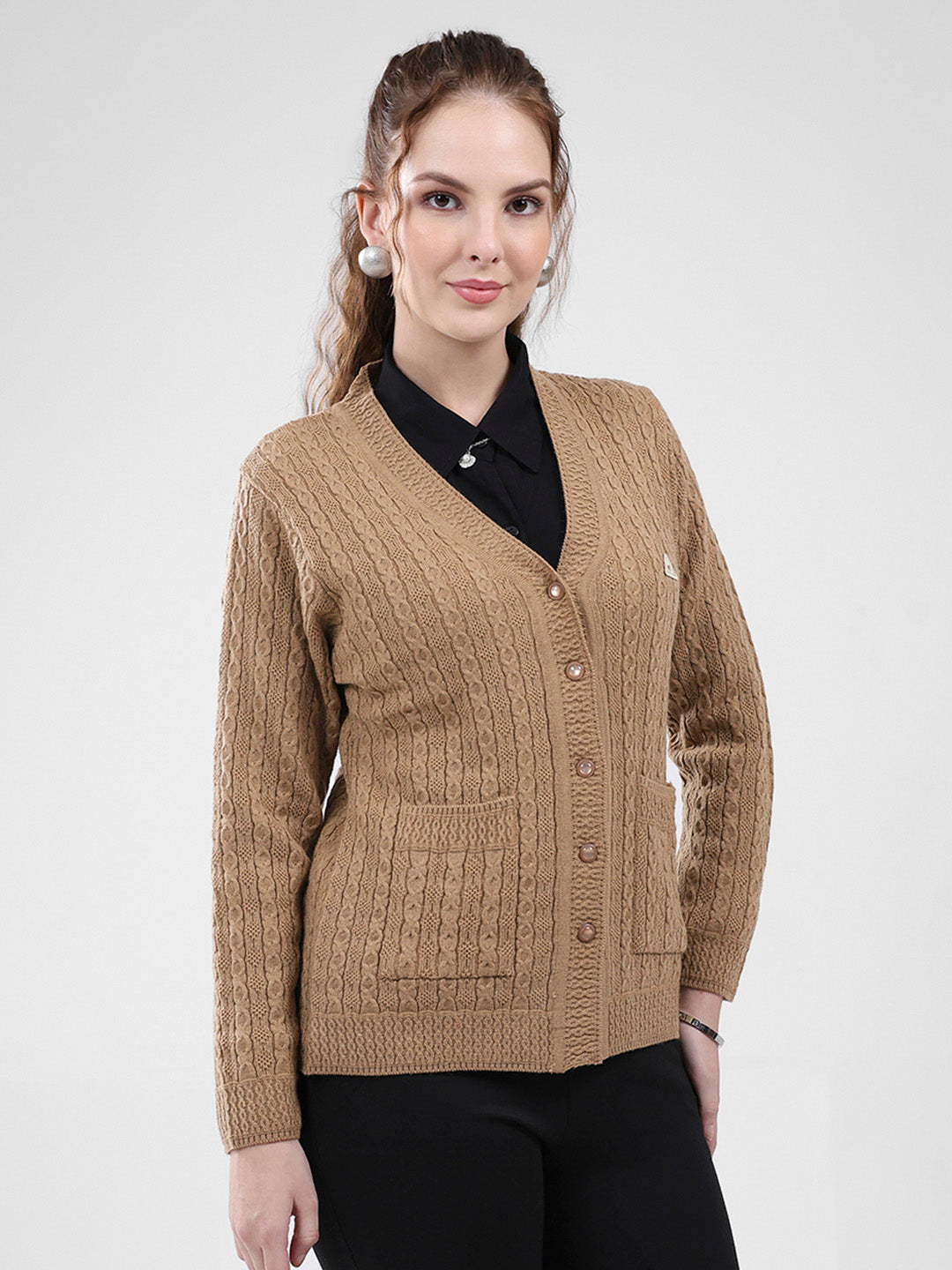Women Brown Self Design V Neck Full Sleeve Cardigan