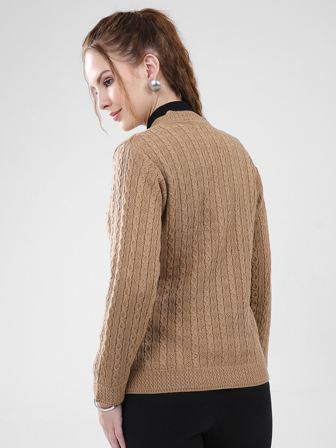 Women Brown Self Design V Neck Full Sleeve Cardigan