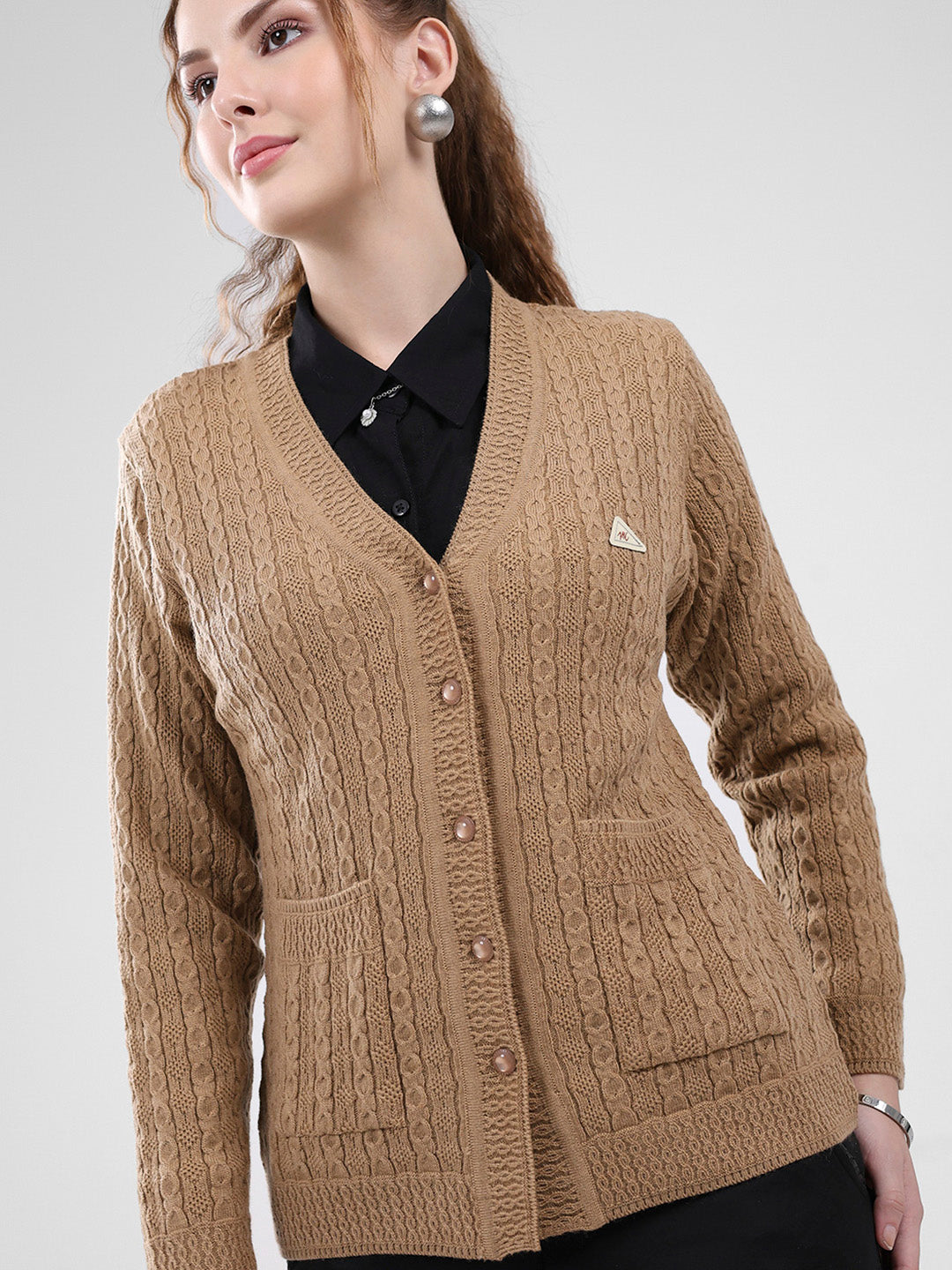 Women Brown Self Design V Neck Full Sleeve Cardigan