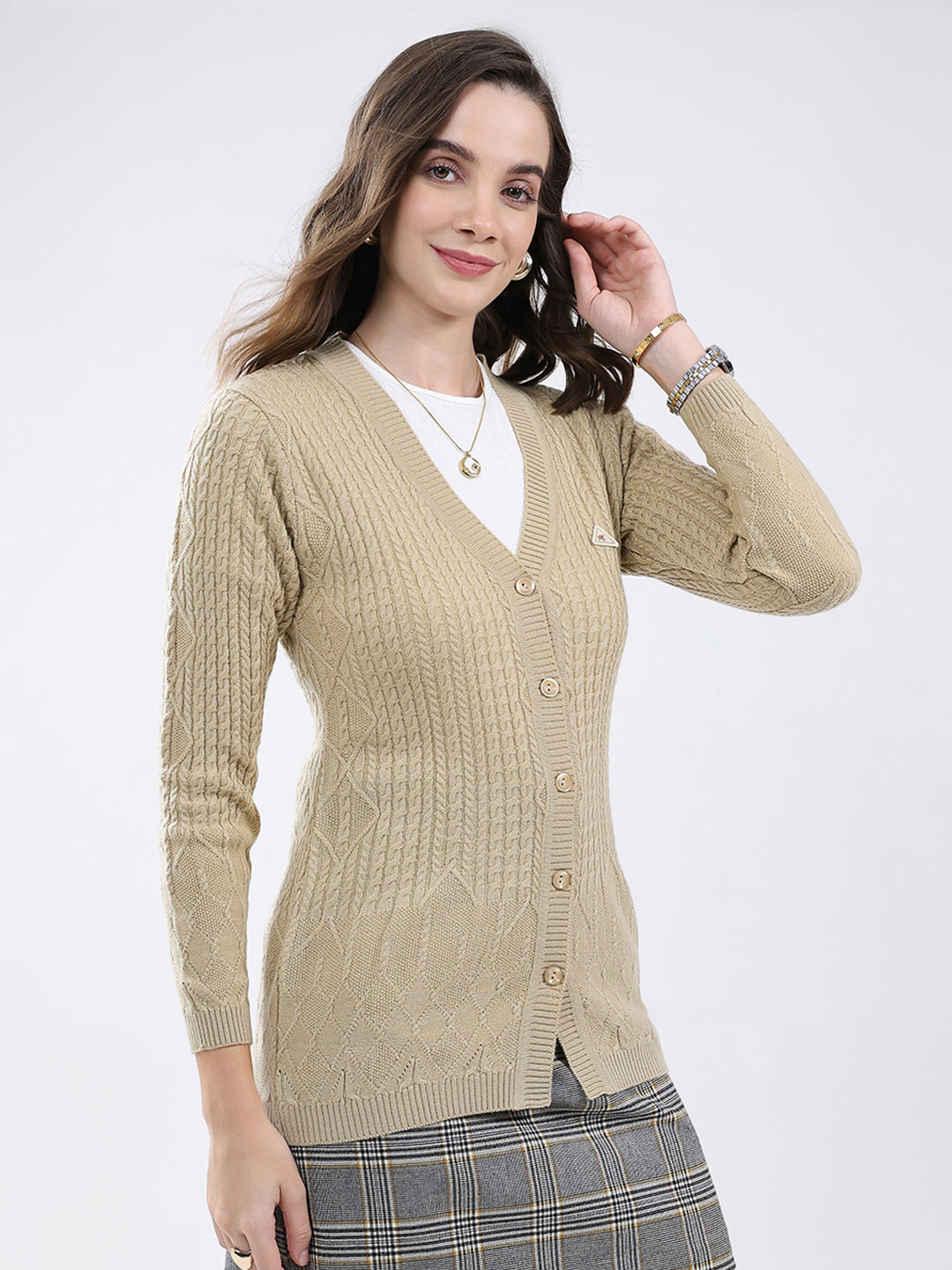 Women Beige Self Design V Neck Full Sleeve Cardigan