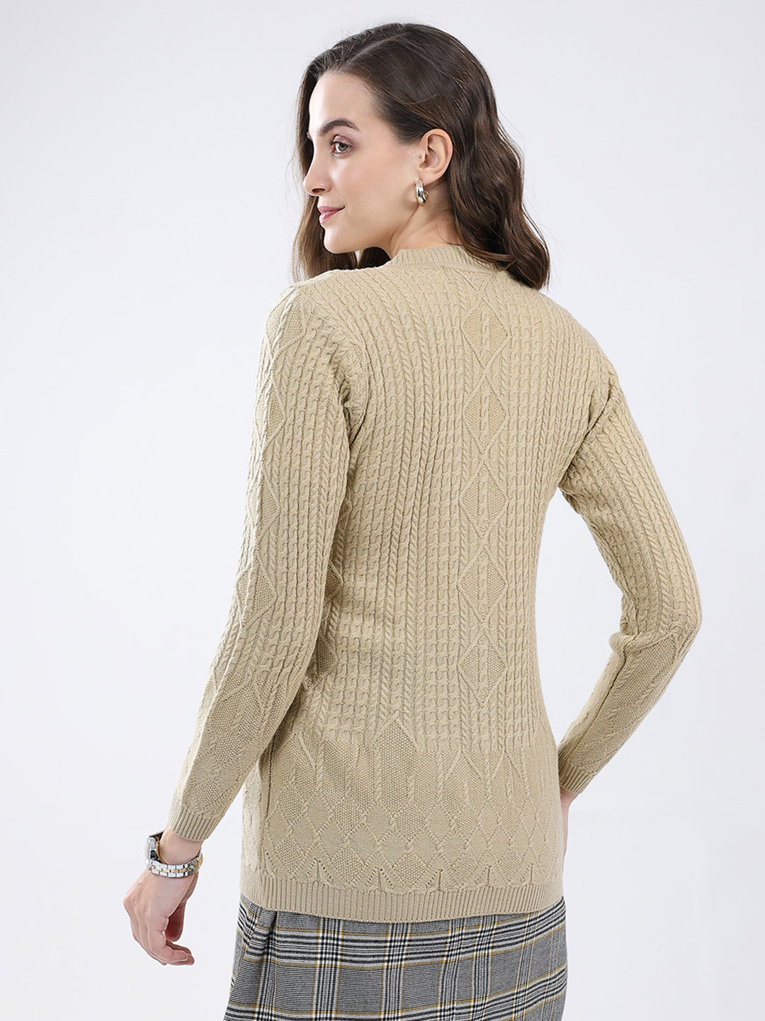 Women Beige Self Design V Neck Full Sleeve Cardigan