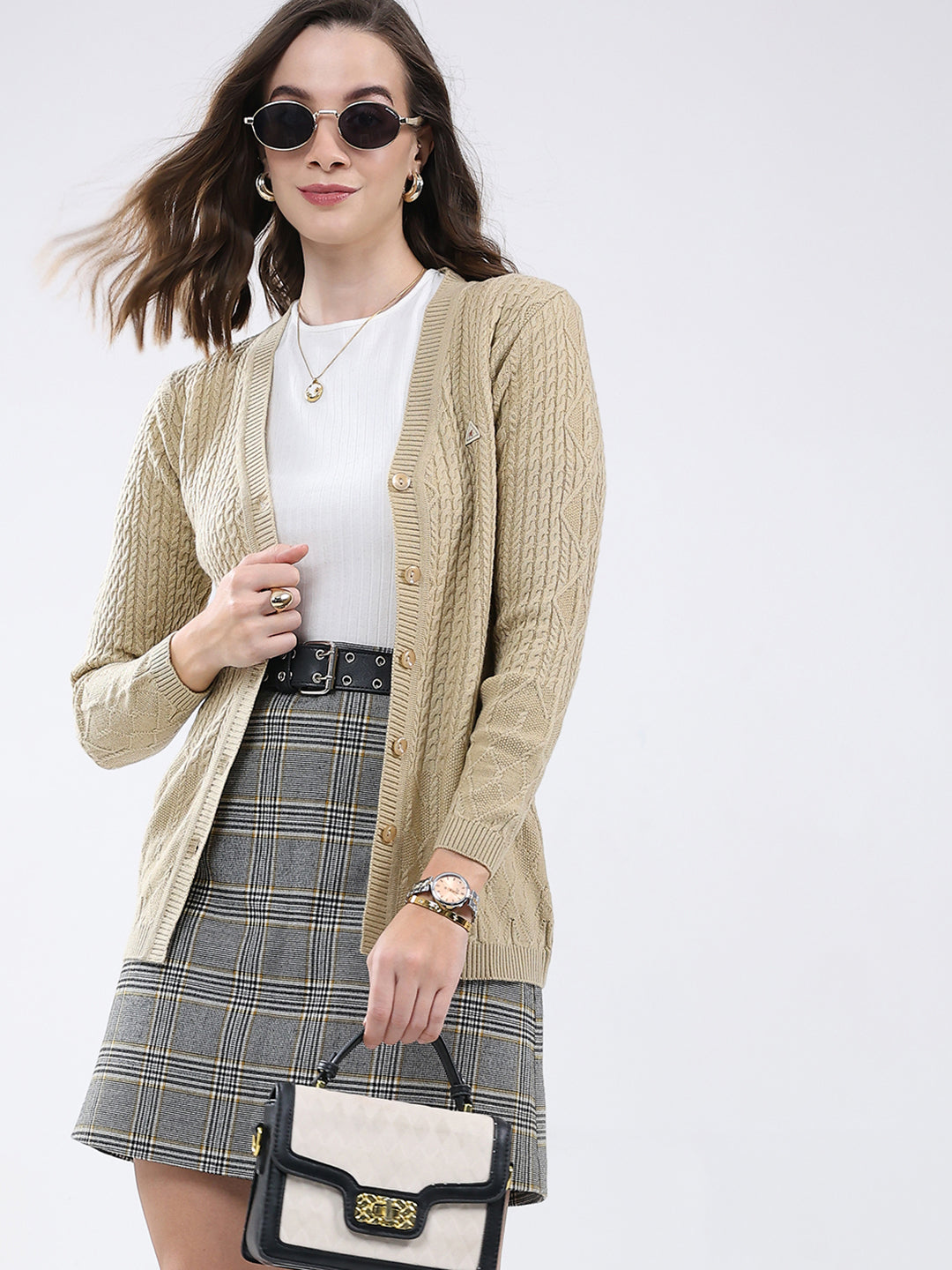 Women Beige Self Design V Neck Full Sleeve Cardigan