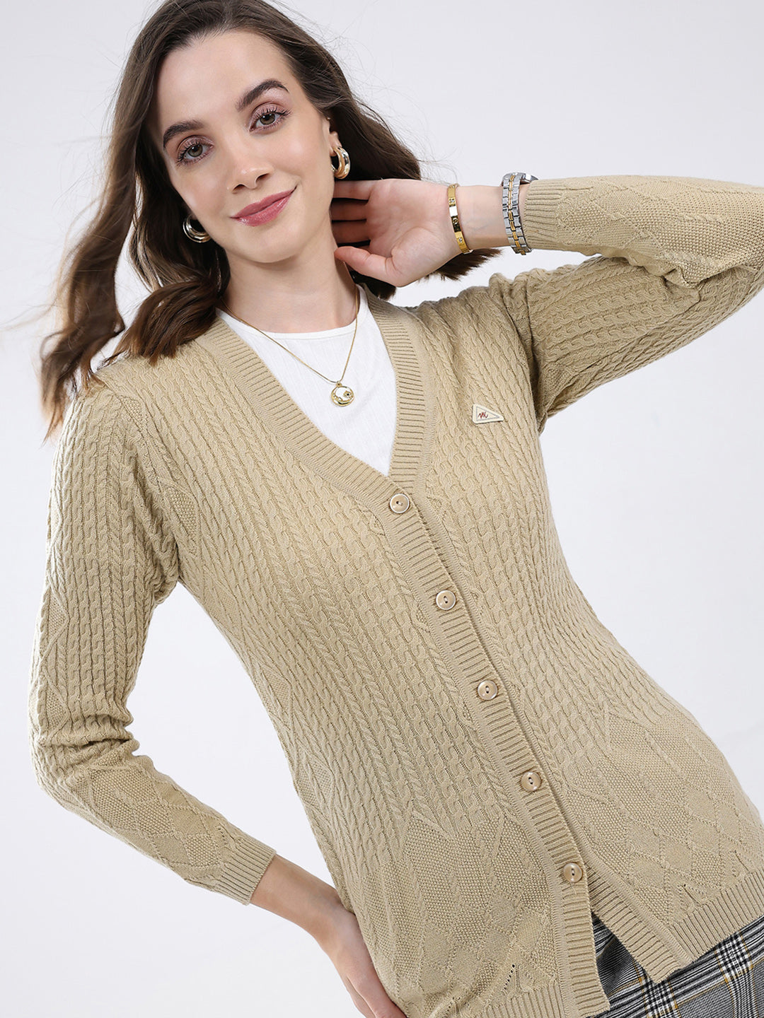 Women Beige Self Design V Neck Full Sleeve Cardigan