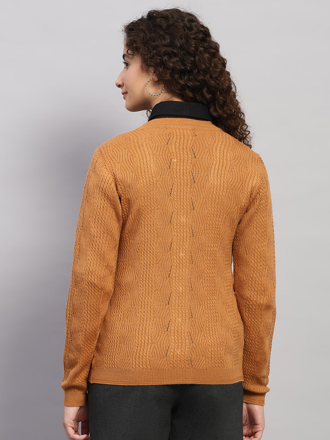 Women Brown Self Design V Neck Full Sleeve Cardigan