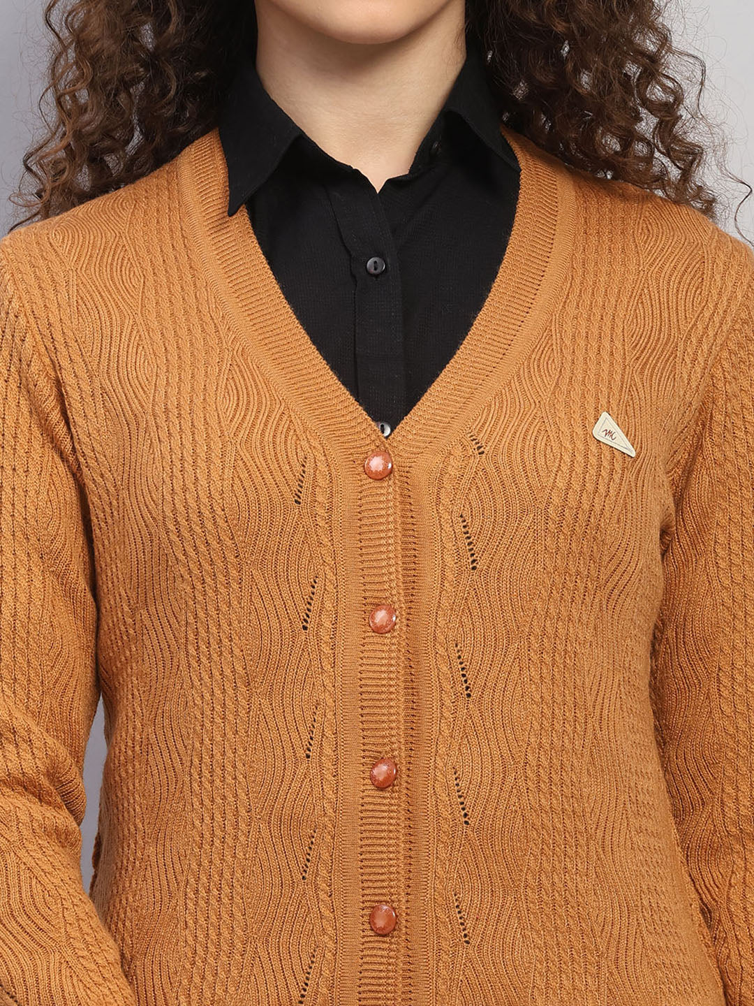 Women Brown Self Design V Neck Full Sleeve Cardigan