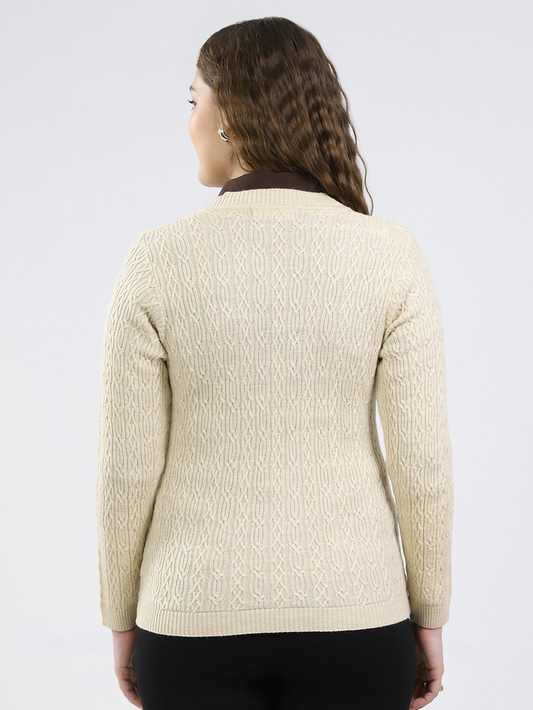 Women Beige Self Design V Neck Full Sleeve Cardigan
