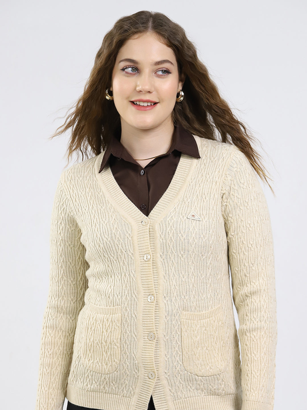 Women Beige Self Design V Neck Full Sleeve Cardigan