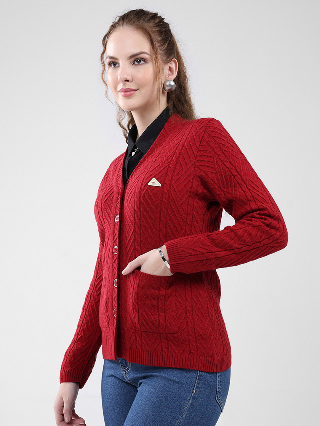 Women Maroon Self Design V Neck Full Sleeve Cardigan