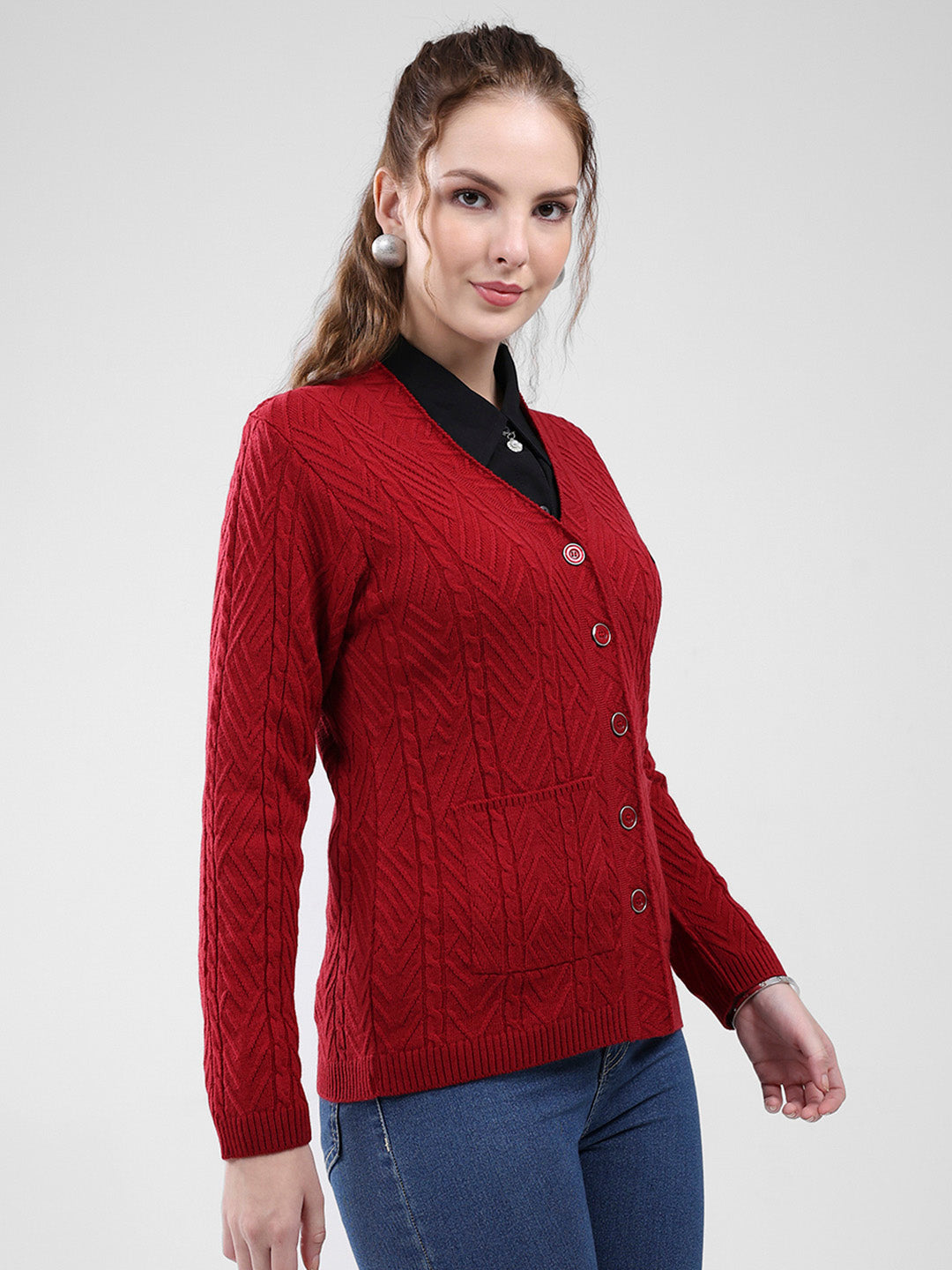 Women Maroon Self Design V Neck Full Sleeve Cardigan