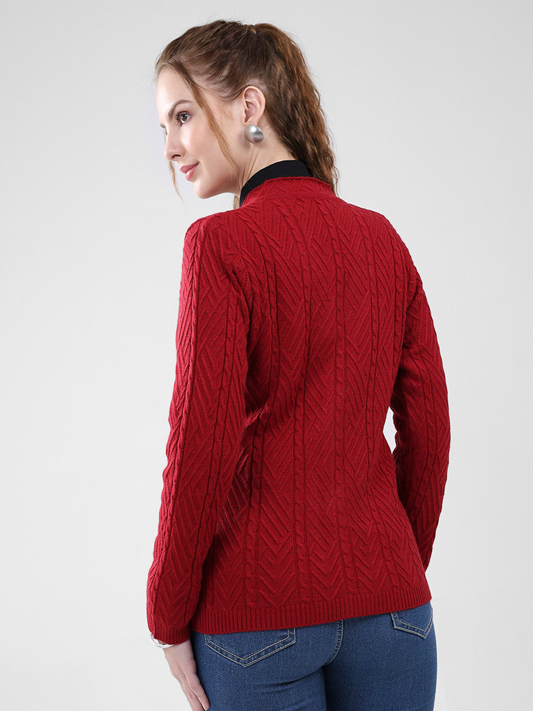Women Maroon Self Design V Neck Full Sleeve Cardigan