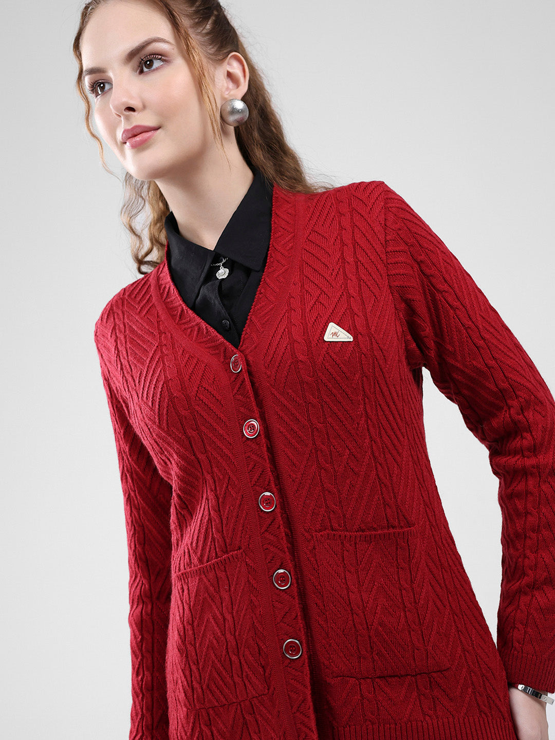 Women Maroon Self Design V Neck Full Sleeve Cardigan