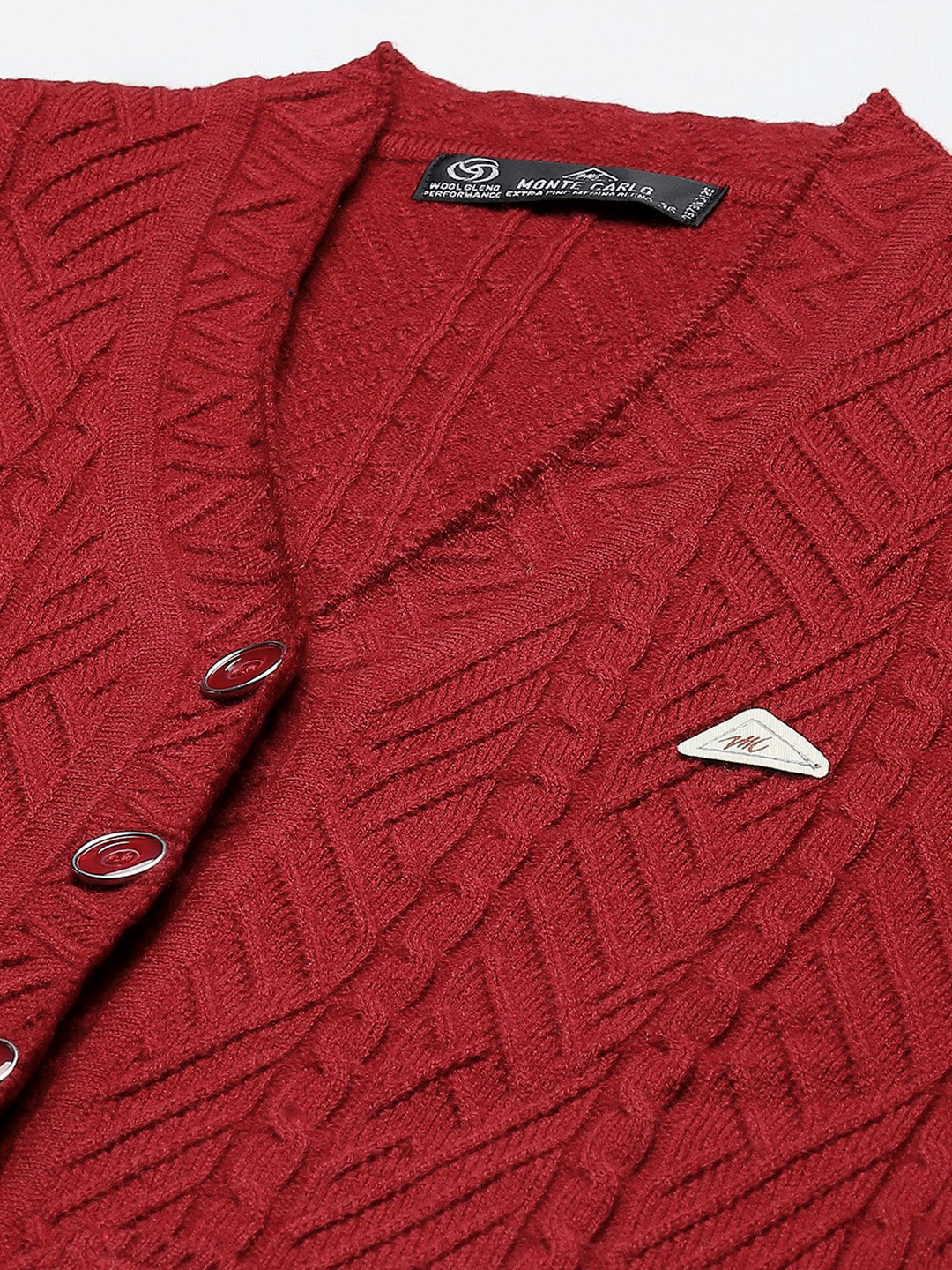 Women Maroon Self Design V Neck Full Sleeve Cardigan
