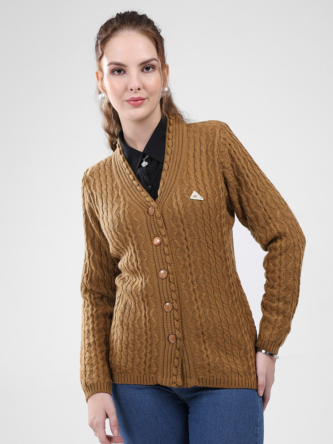 Women Mustard Self Design V Neck Full Sleeve Cardigan