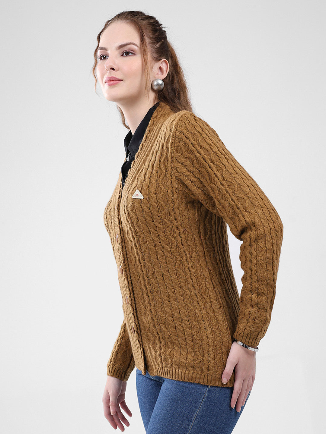 Women Mustard Self Design V Neck Full Sleeve Cardigan