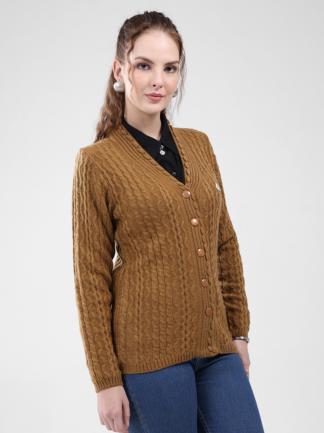 Women Mustard Self Design V Neck Full Sleeve Cardigan