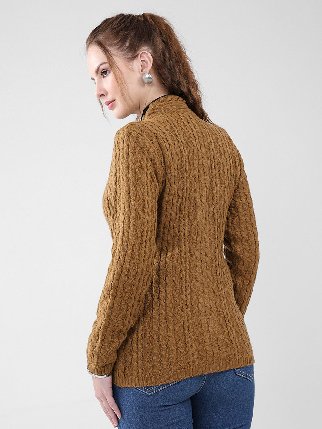 Women Mustard Self Design V Neck Full Sleeve Cardigan