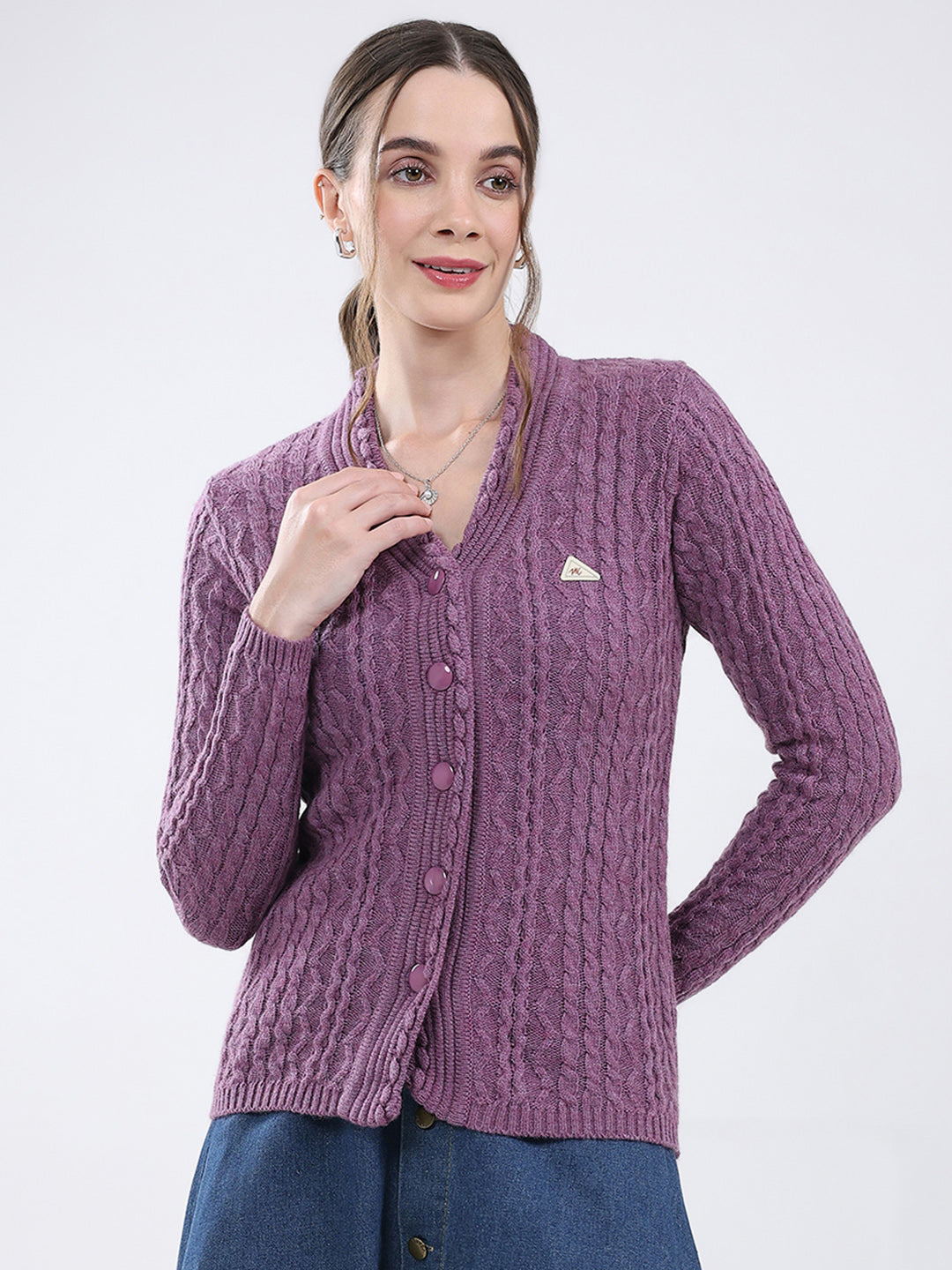 Women Purple Self Design V Neck Full Sleeve Cardigan