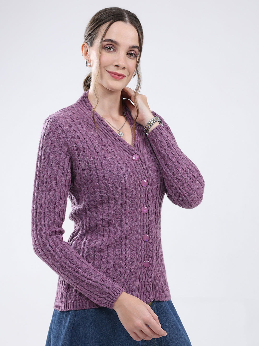 Women Purple Self Design V Neck Full Sleeve Cardigan