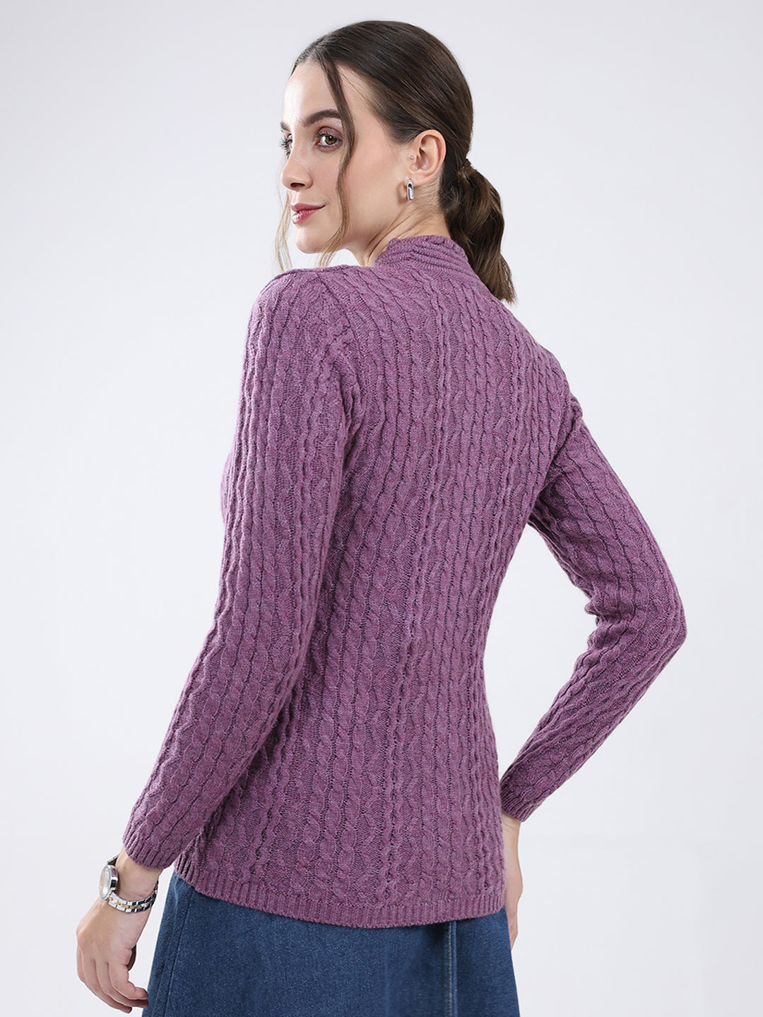 Women Purple Self Design V Neck Full Sleeve Cardigan