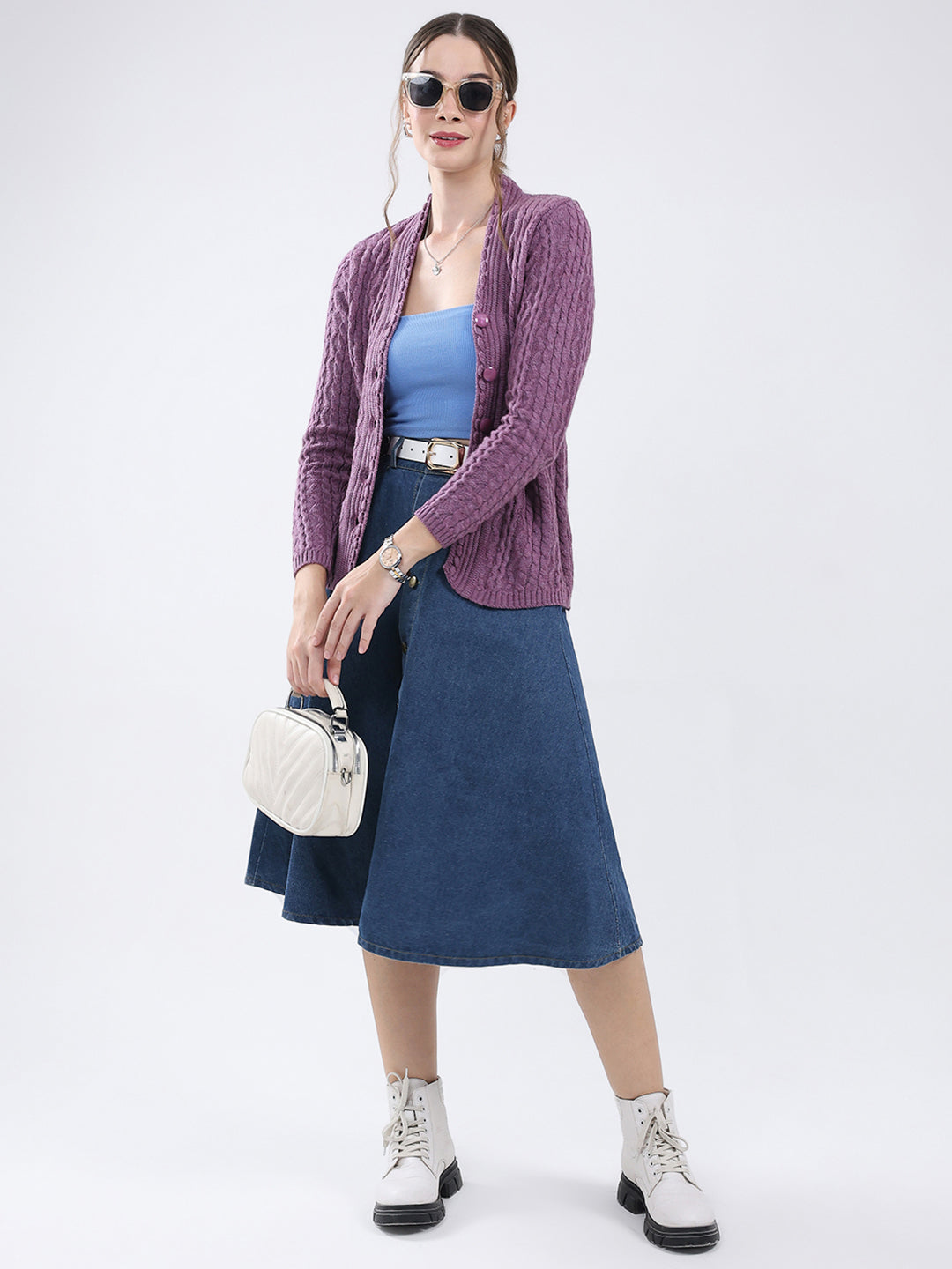 Women Purple Self Design V Neck Full Sleeve Cardigan