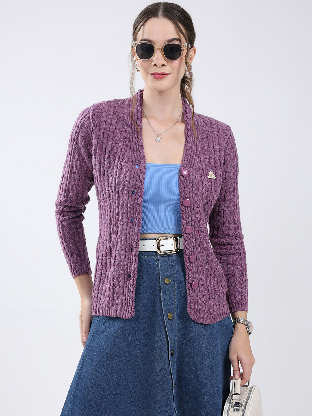 Women Purple Self Design V Neck Full Sleeve Cardigan