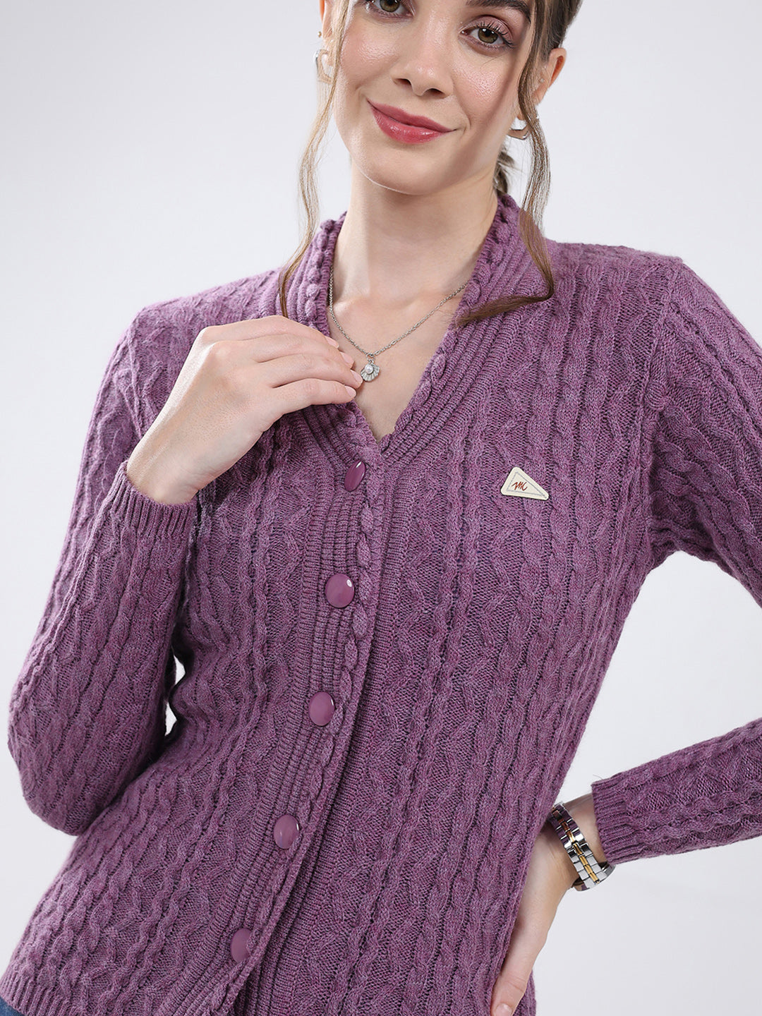 Women Purple Self Design V Neck Full Sleeve Cardigan
