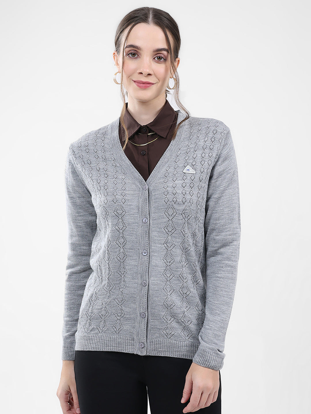 Women Grey Self Design V Neck Full Sleeve Cardigan