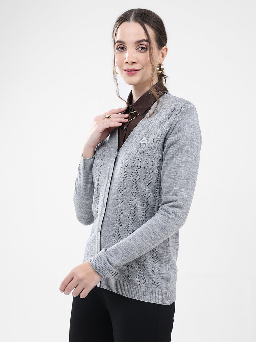 Women Grey Self Design V Neck Full Sleeve Cardigan