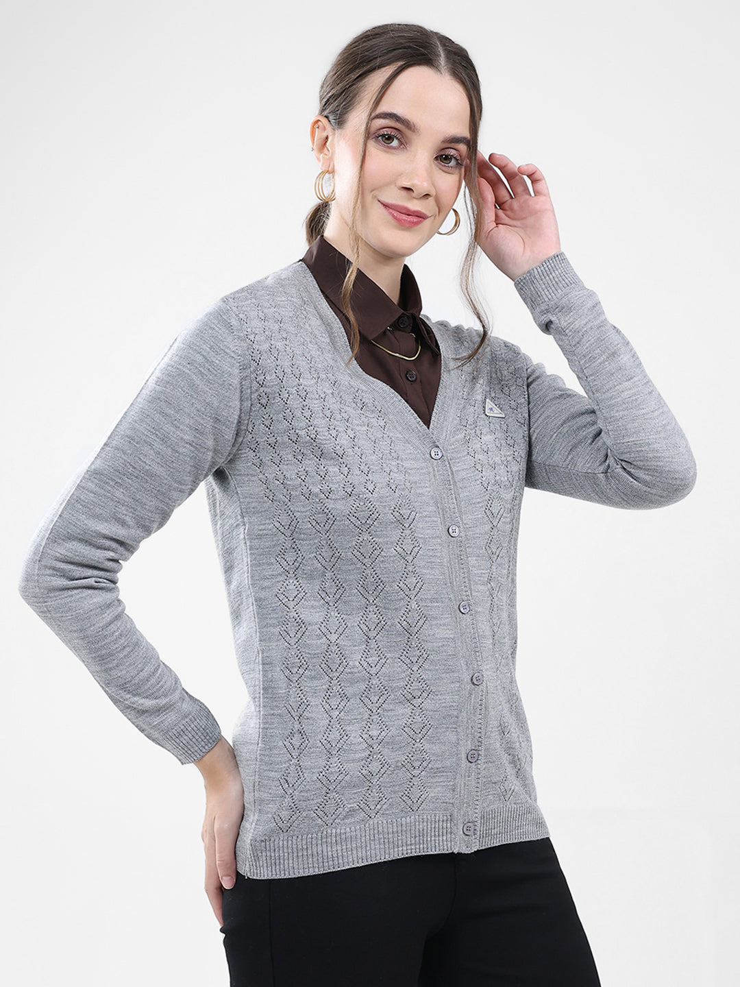 Women Grey Self Design V Neck Full Sleeve Cardigan