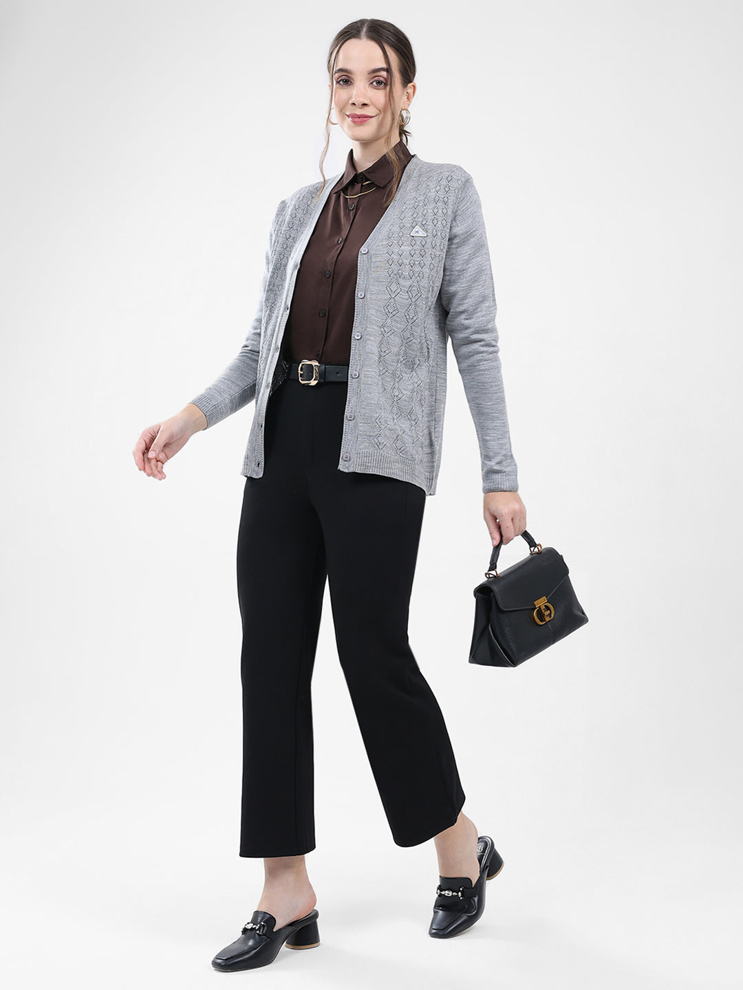 Women Grey Self Design V Neck Full Sleeve Cardigan