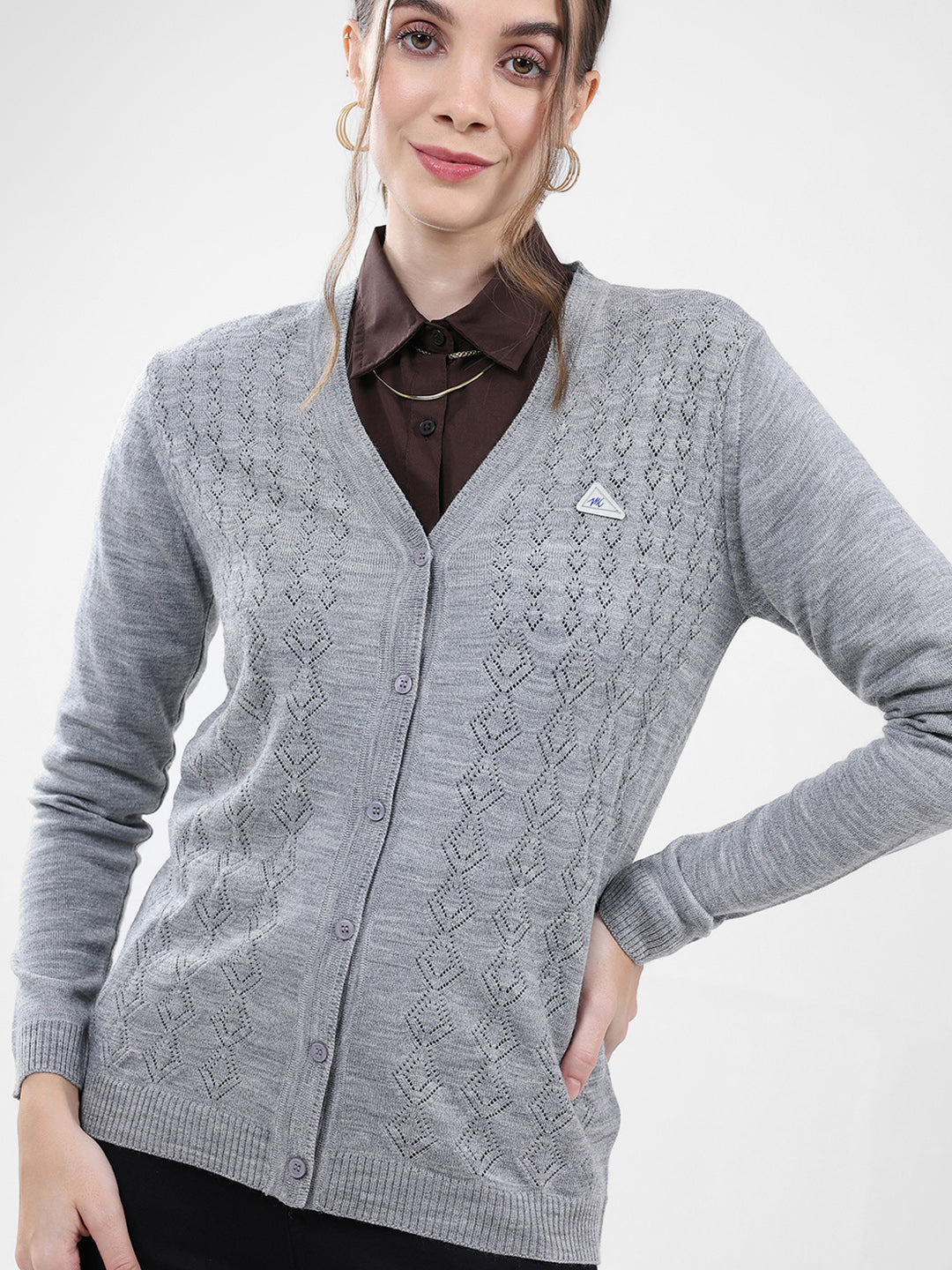 Women Grey Self Design V Neck Full Sleeve Cardigan