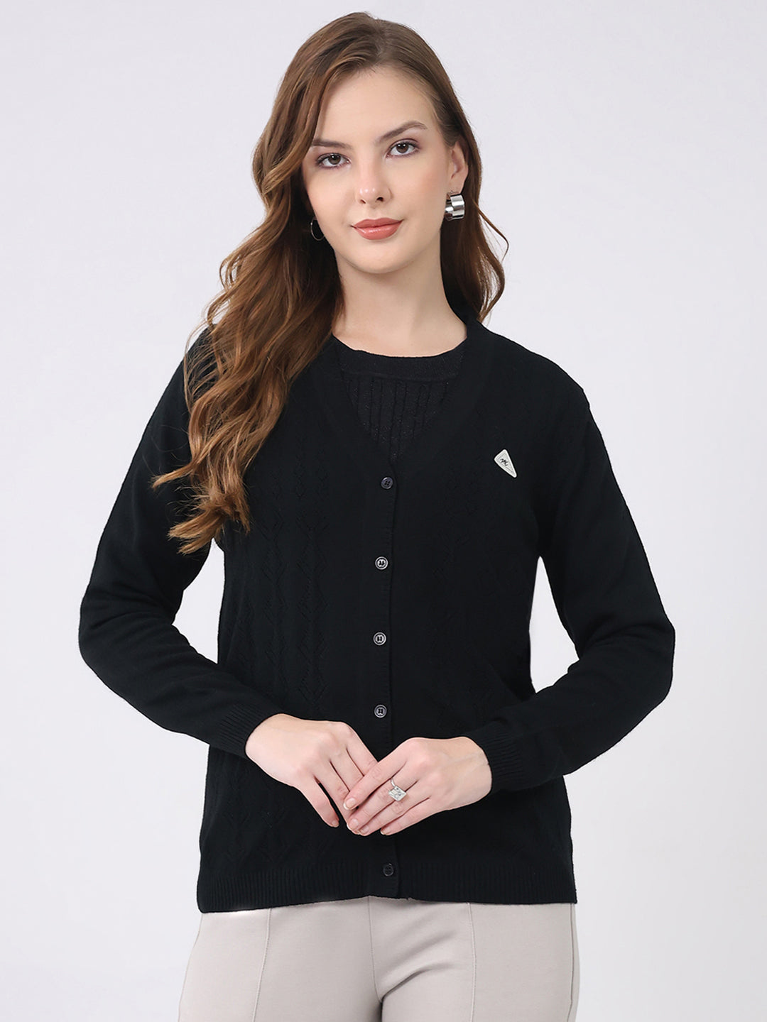 Women Black Solid Round Neck Full Sleeve Cardigan