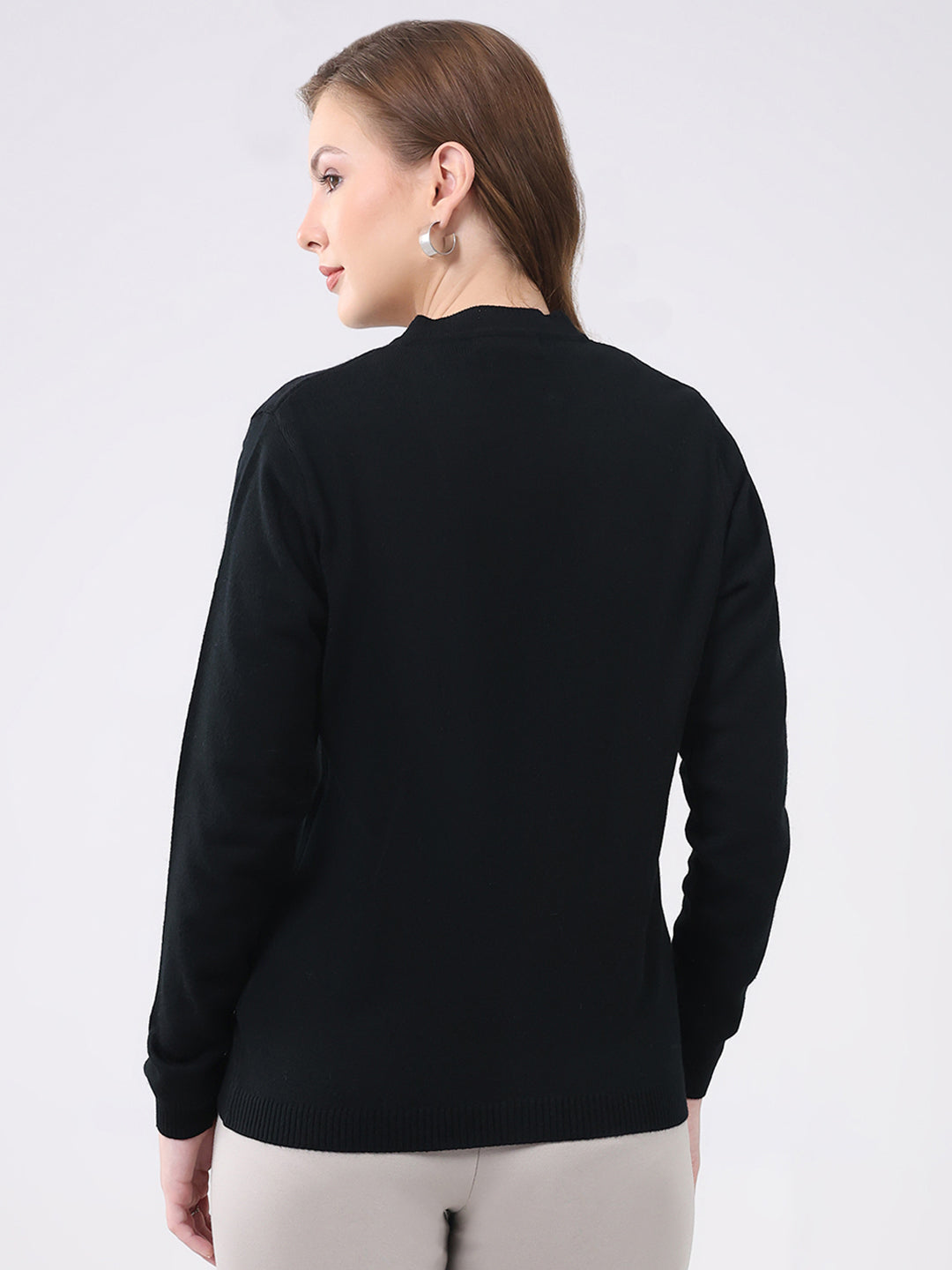 Women Black Solid Round Neck Full Sleeve Cardigan