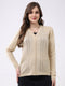 Women Beige Self Design V Neck Full Sleeve Cardigan