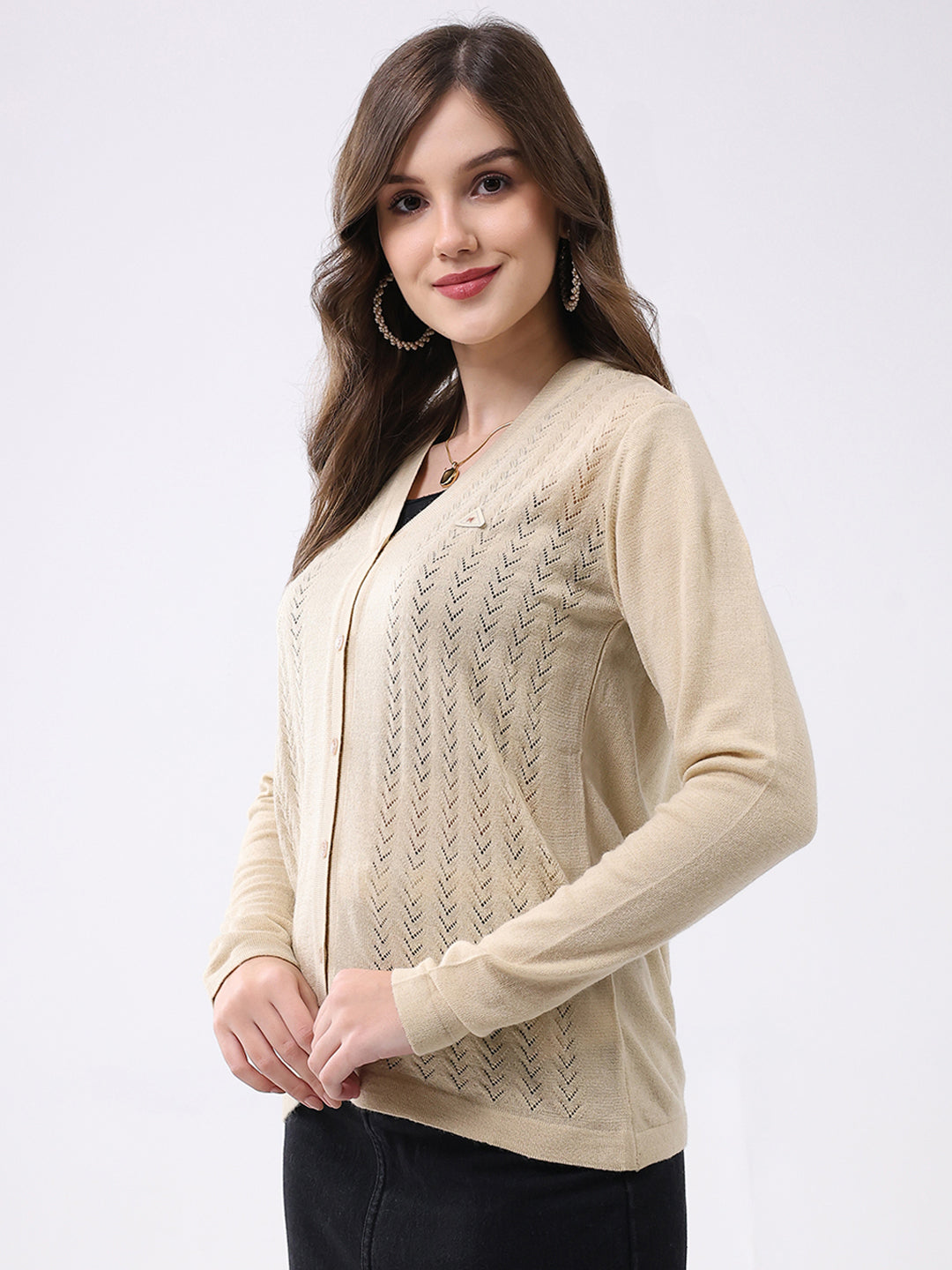 Women Beige Self Design V Neck Full Sleeve Cardigan