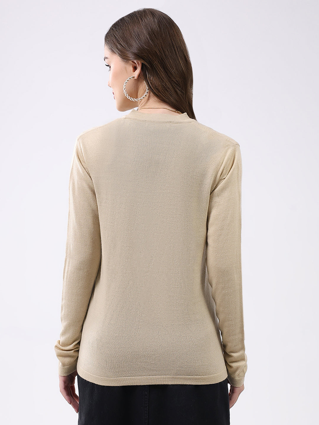 Women Beige Self Design V Neck Full Sleeve Cardigan