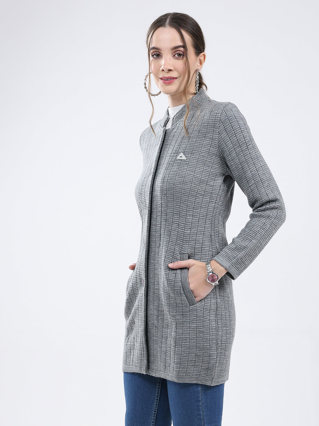Women Grey Self Design Band Neck Full Sleeve Knitted Coat