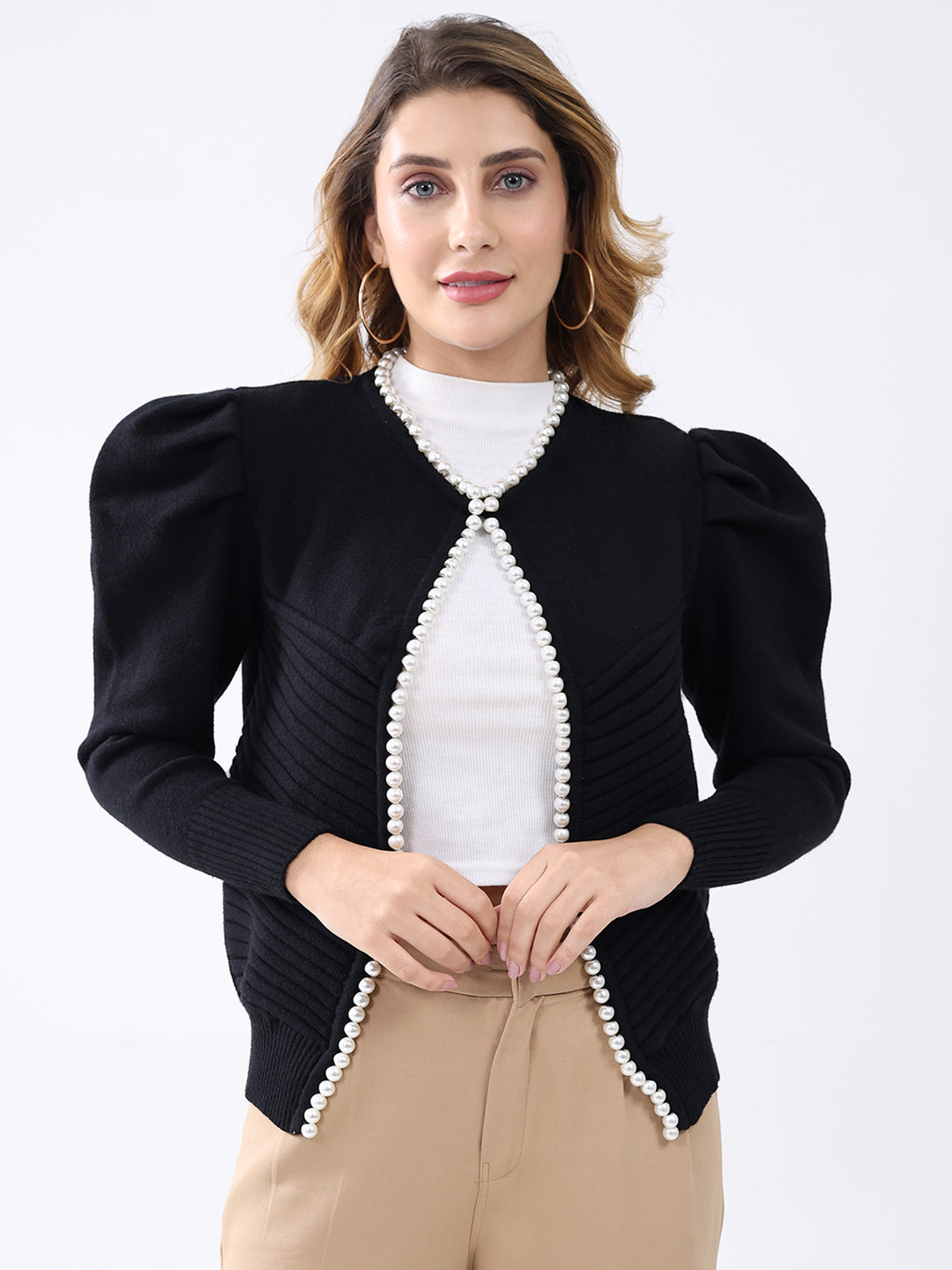 Women Black Self Design Round Neck Full Sleeve Cardigan