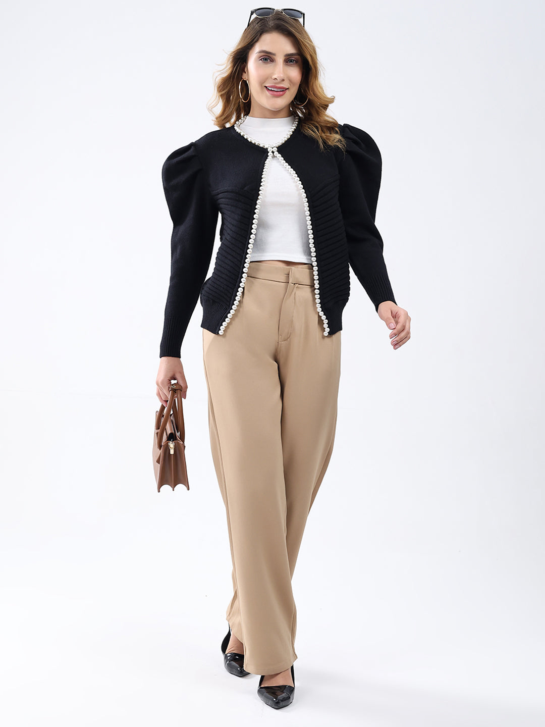 Women Black Self Design Round Neck Full Sleeve Cardigan