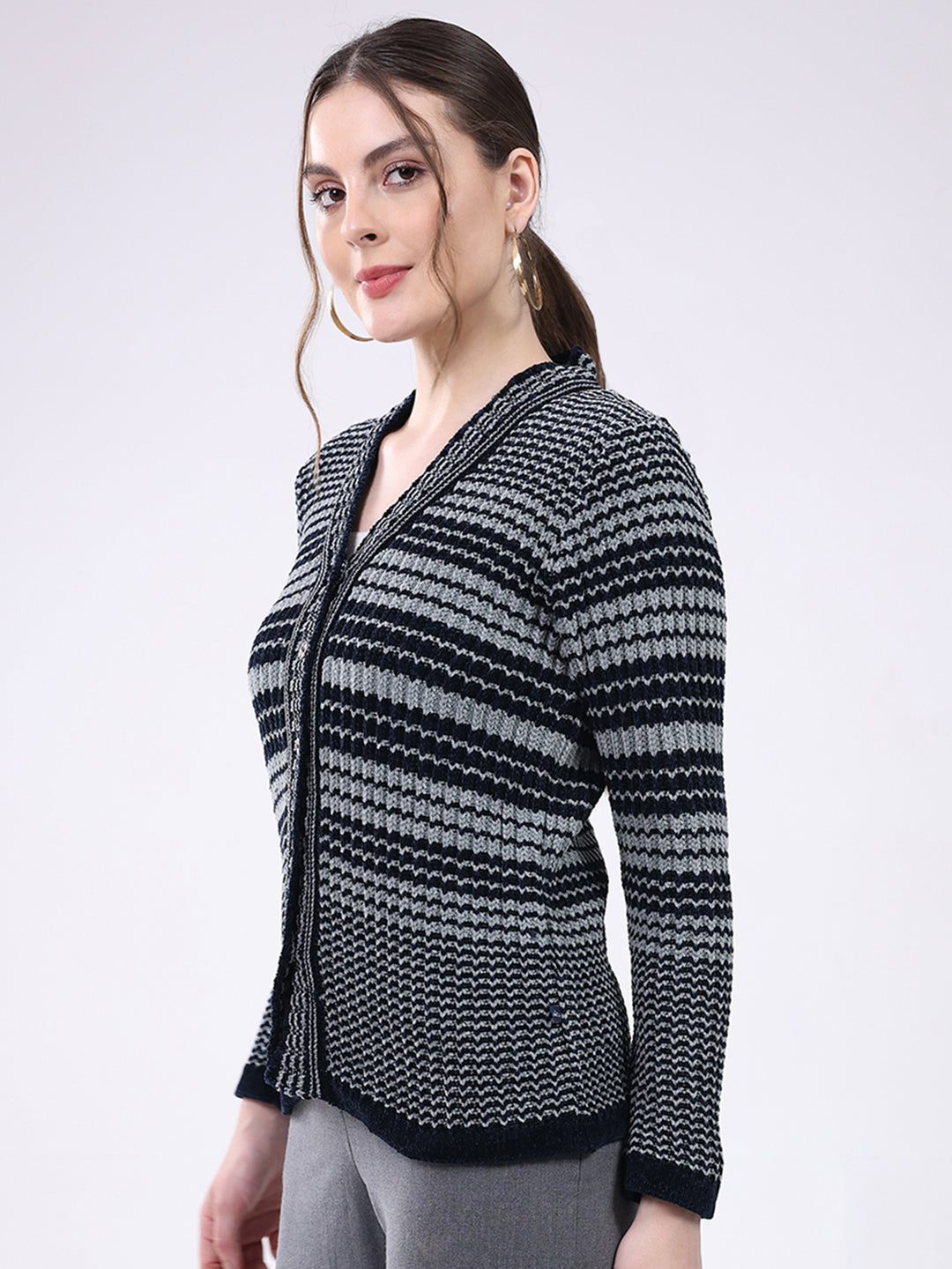 Women Navy Blue Stripe V Neck Full Sleeve Cardigan