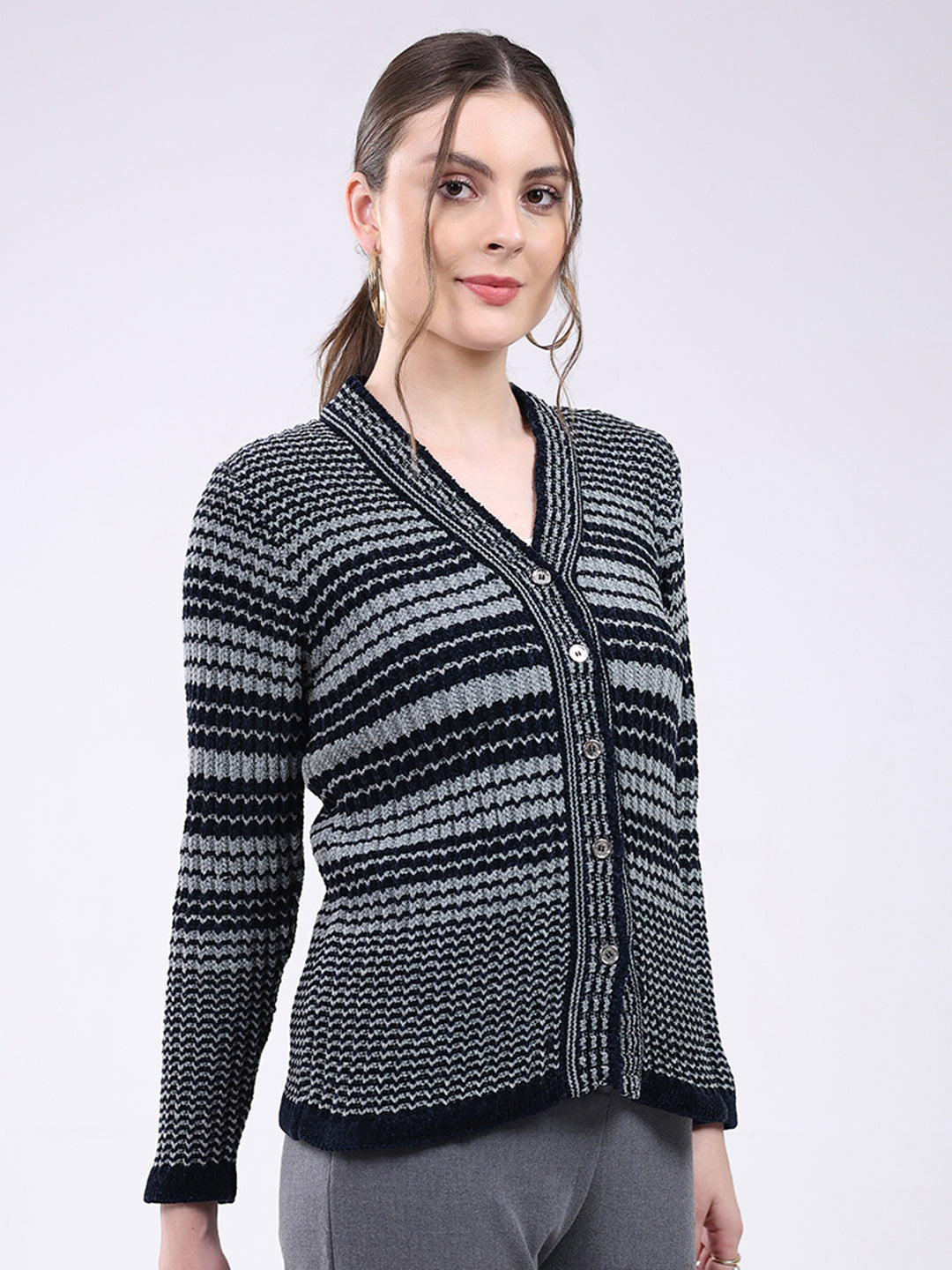 Women Navy Blue Stripe V Neck Full Sleeve Cardigan