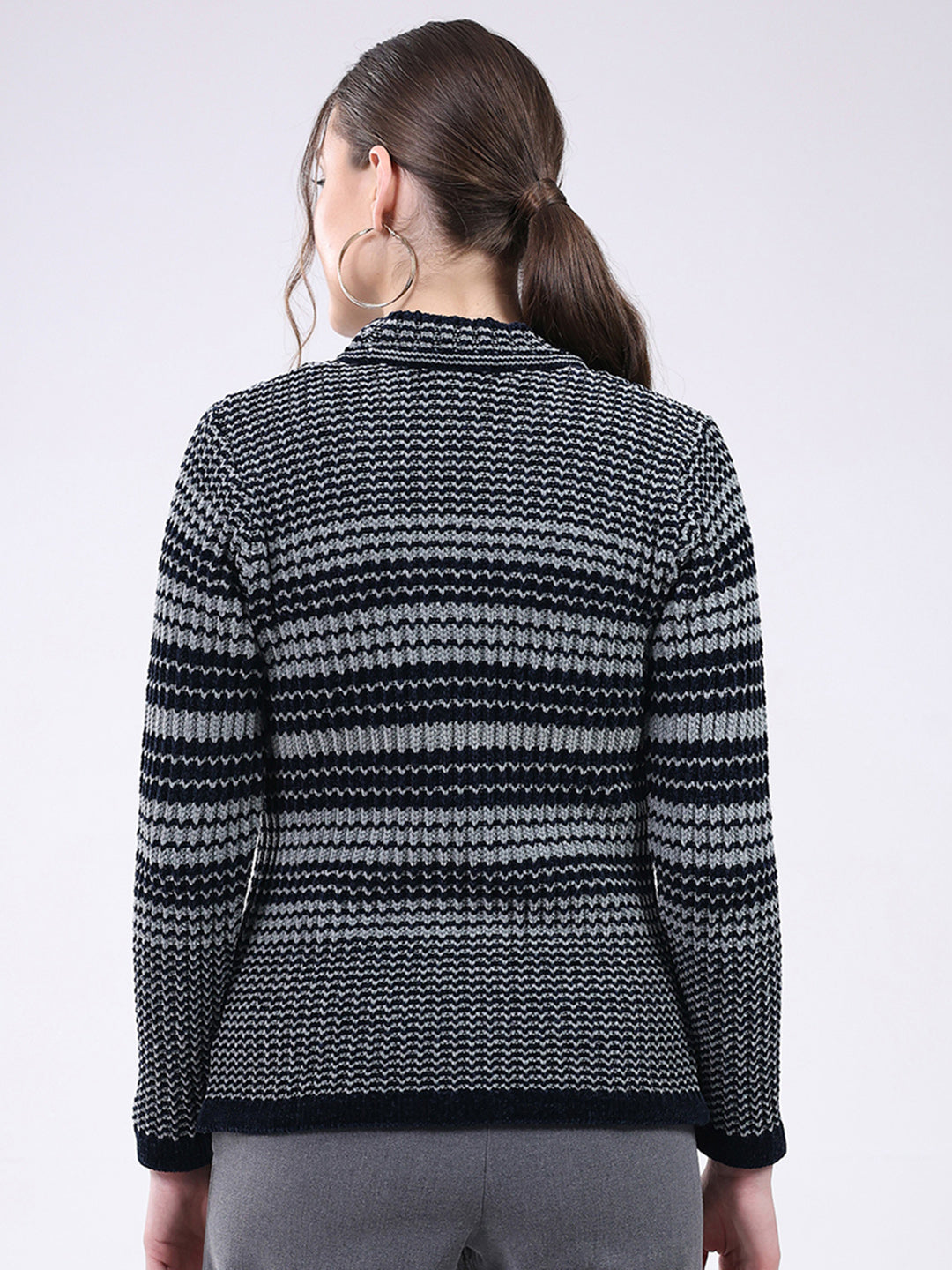 Women Navy Blue Stripe V Neck Full Sleeve Cardigan