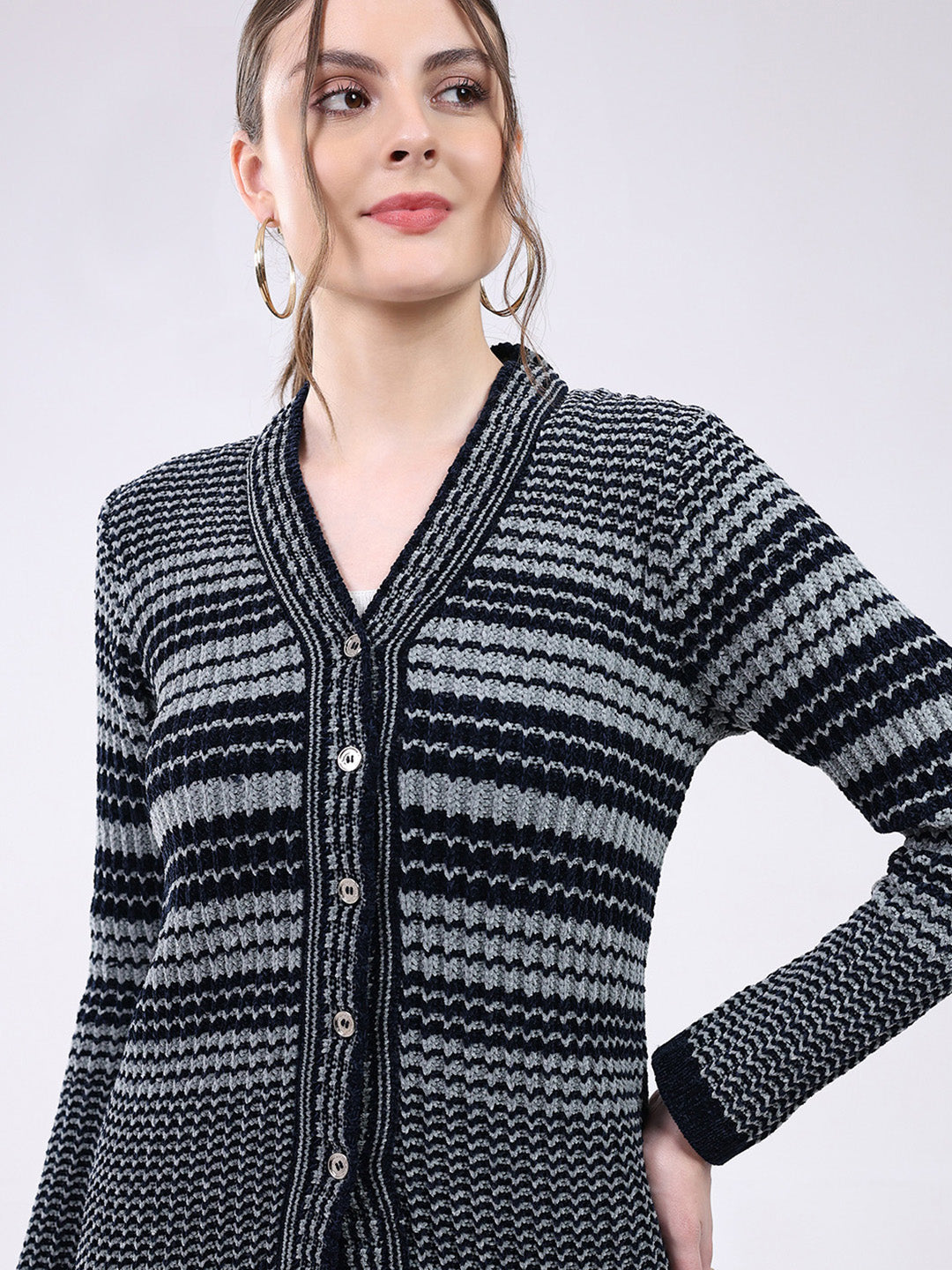 Women Navy Blue Stripe V Neck Full Sleeve Cardigan